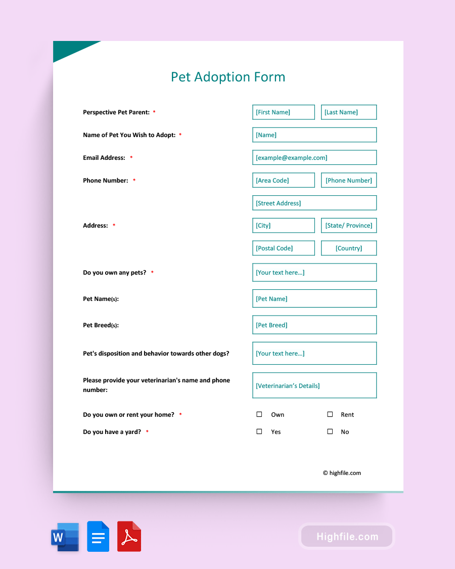 Pet Adoption Form - Word, PDF, Google Docs