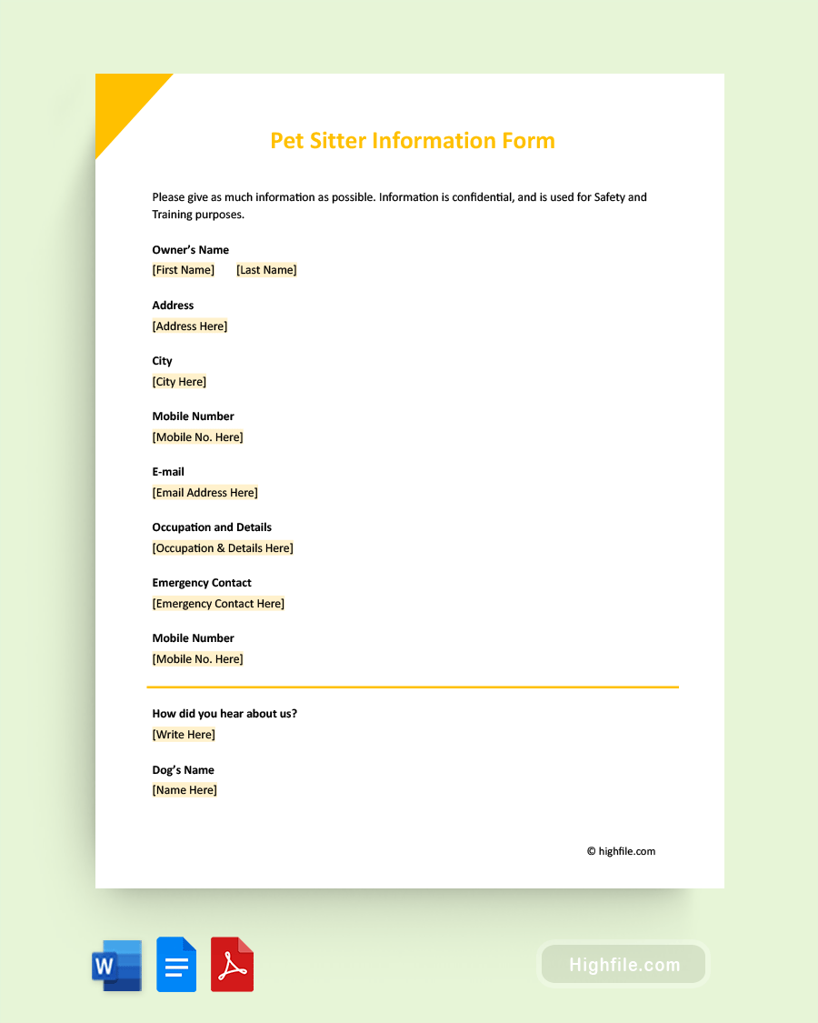 Pet Sitter Information Form - Word, PDF, Google Docs