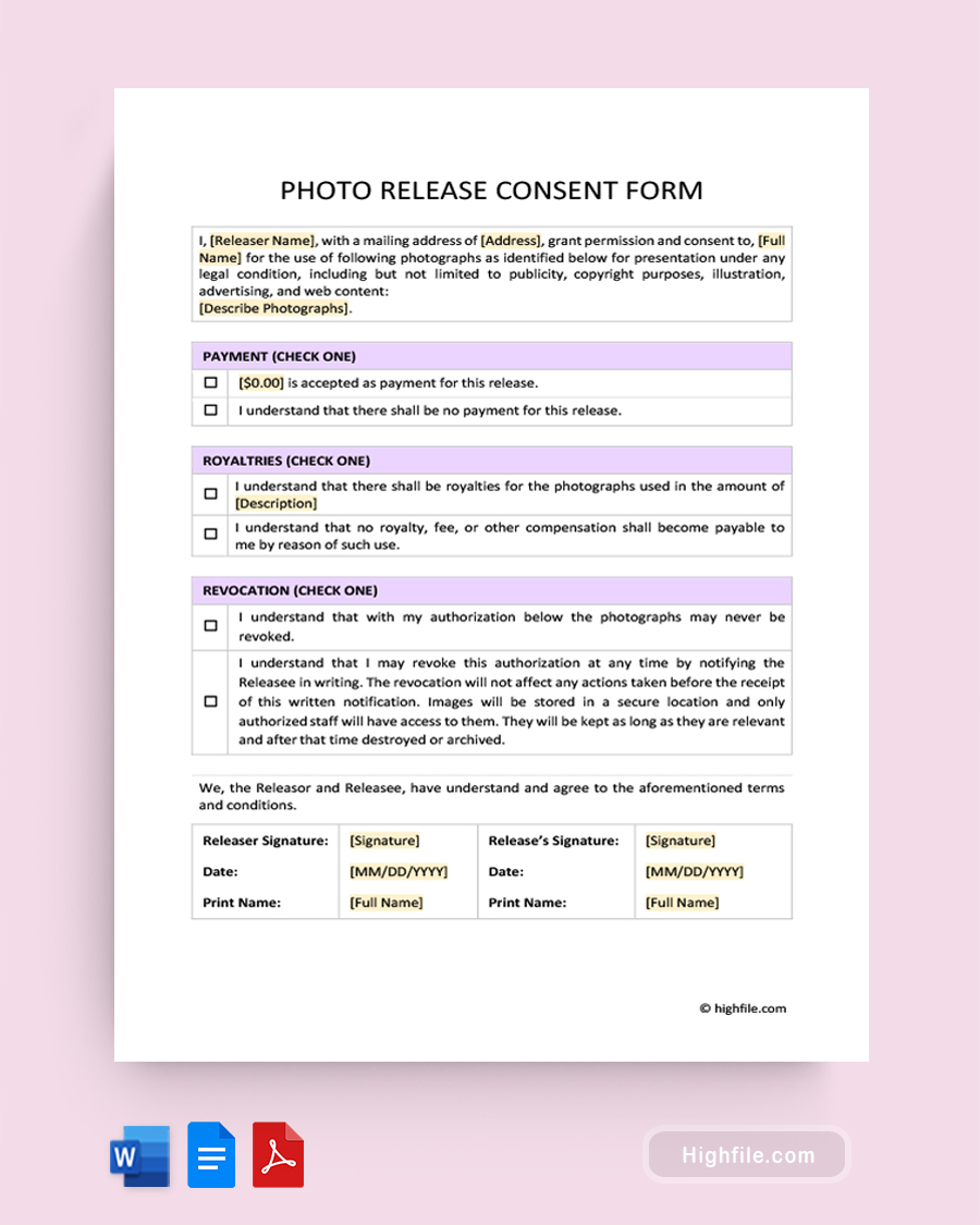 Photo Release Consent Form - Word, Google Docs, PDF