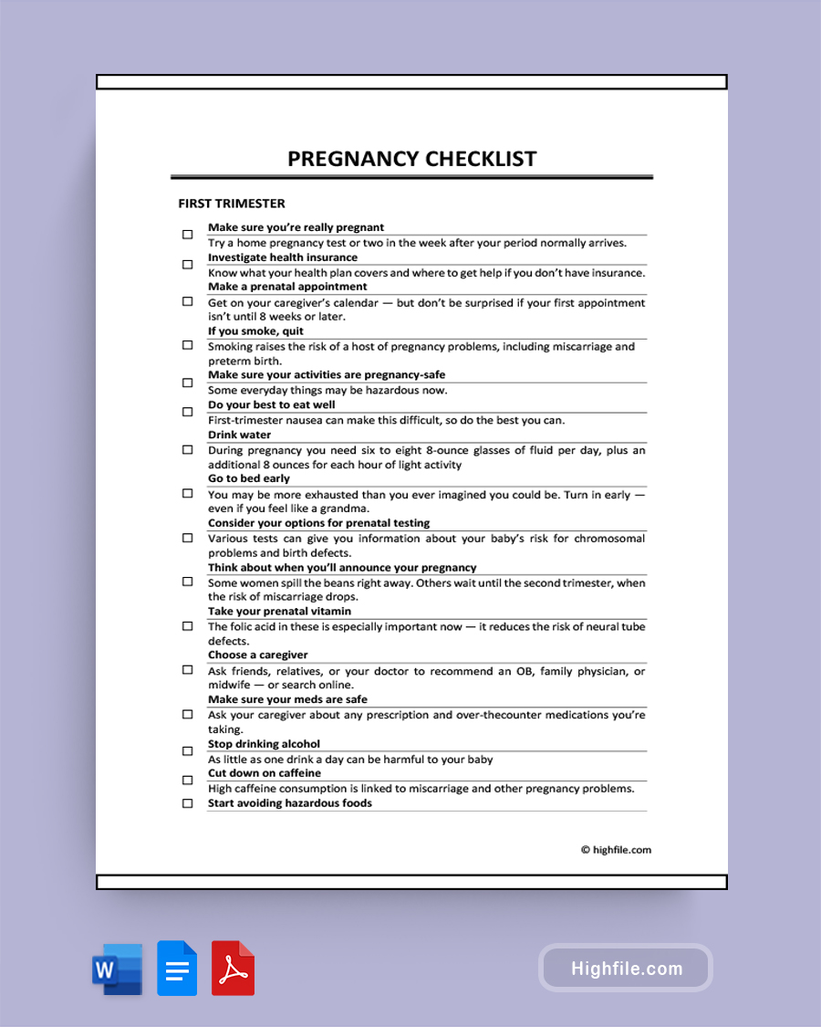 Pregnancy Checklist - Word, Google Docs, PDF