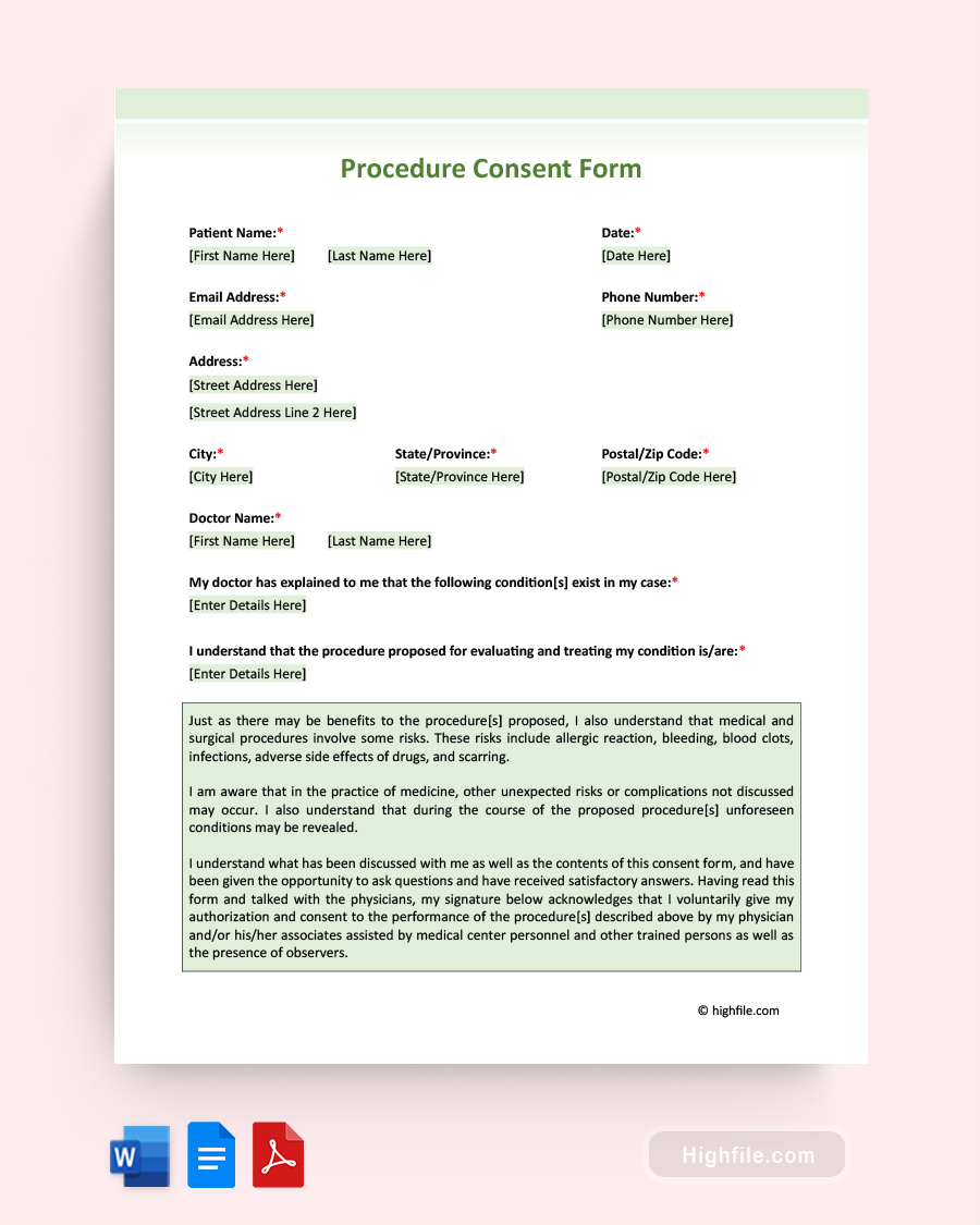 Procedure Consent Form - Word, PDF, Google Docs