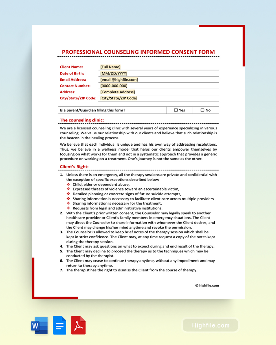 Professional Counseling Informed Consent Form - Word, Google Docs, PDF