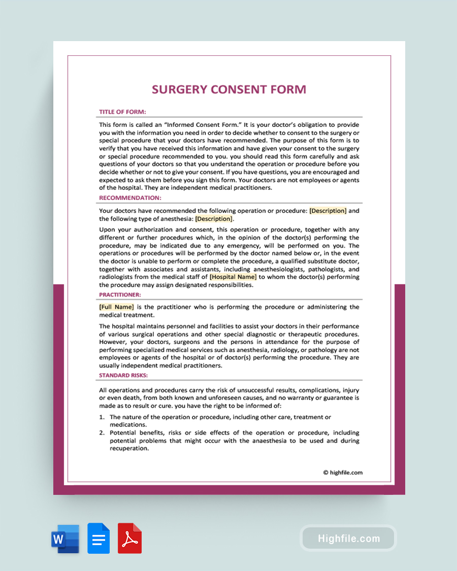 Surgery Consent Form - Word, Google Docs, PDF