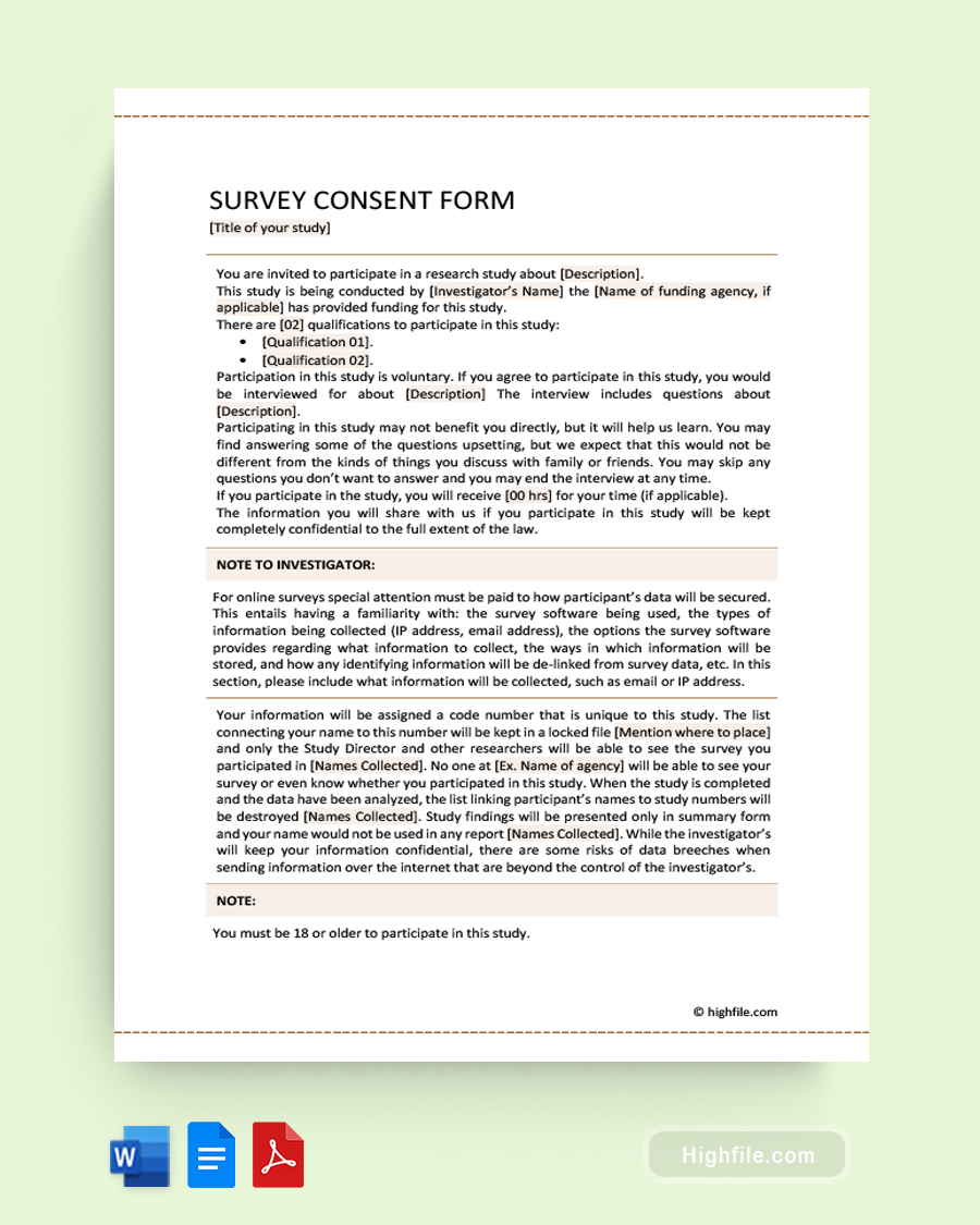 Survey Consent Form - Word, Google Docs, PDF
