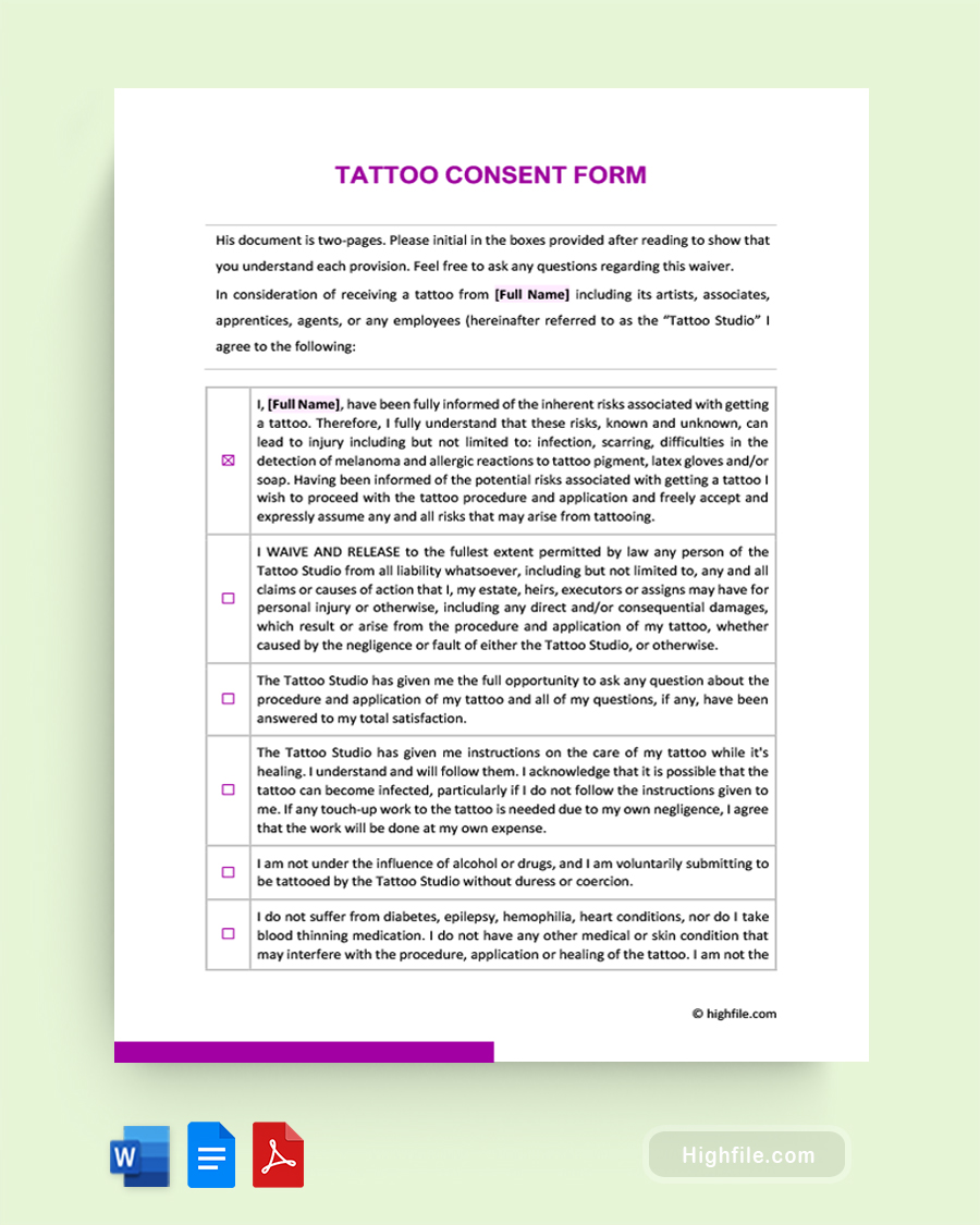 Tattoo Consent Form - Word, Google Docs, PDF