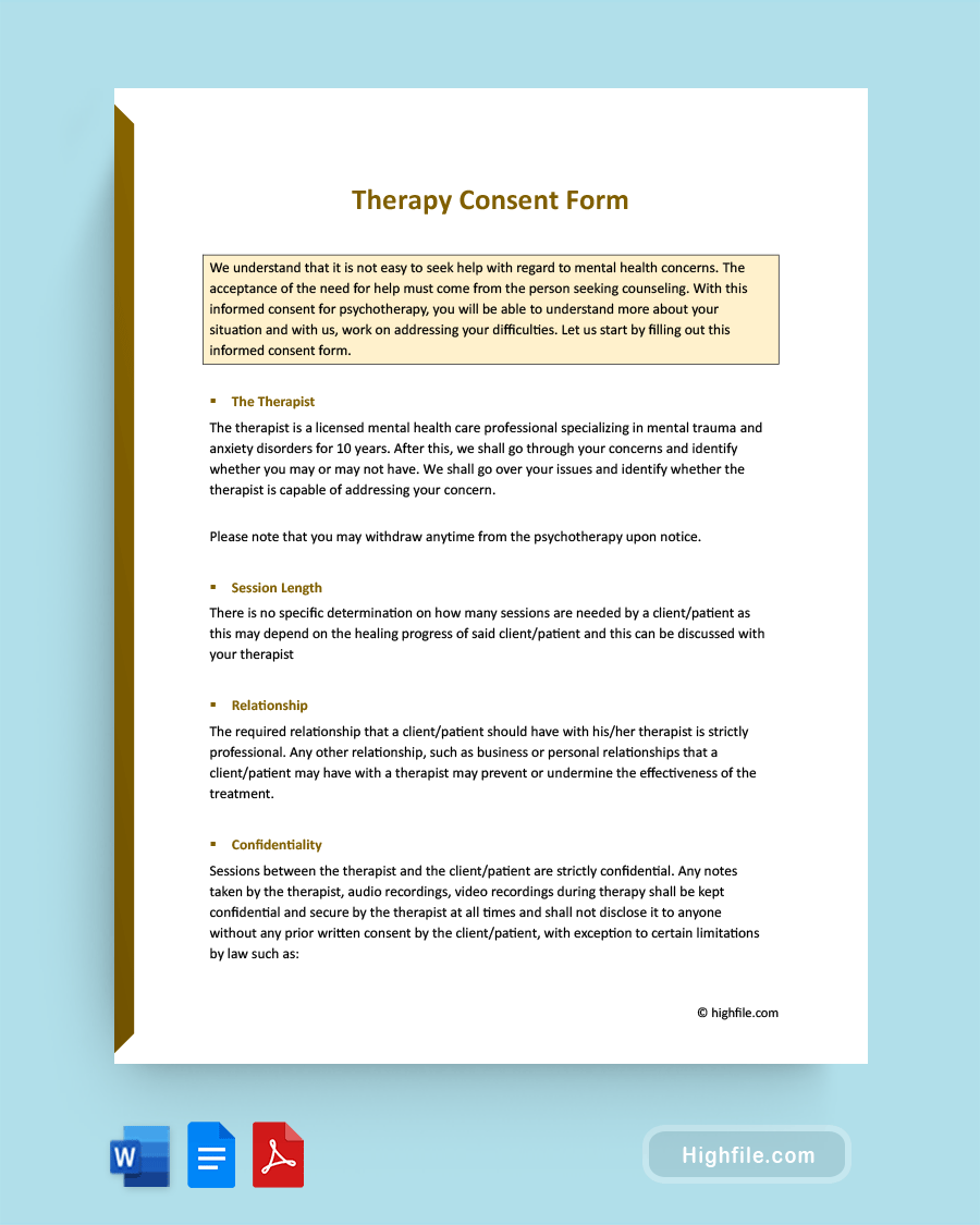 Therapy Consent Form - Word, PDF, Google Docs