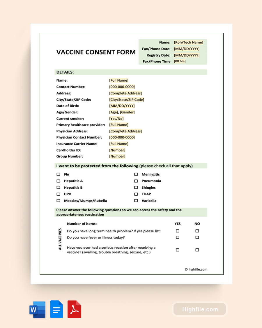 Vaccine Consent Form - Word, Google Docs, PDF