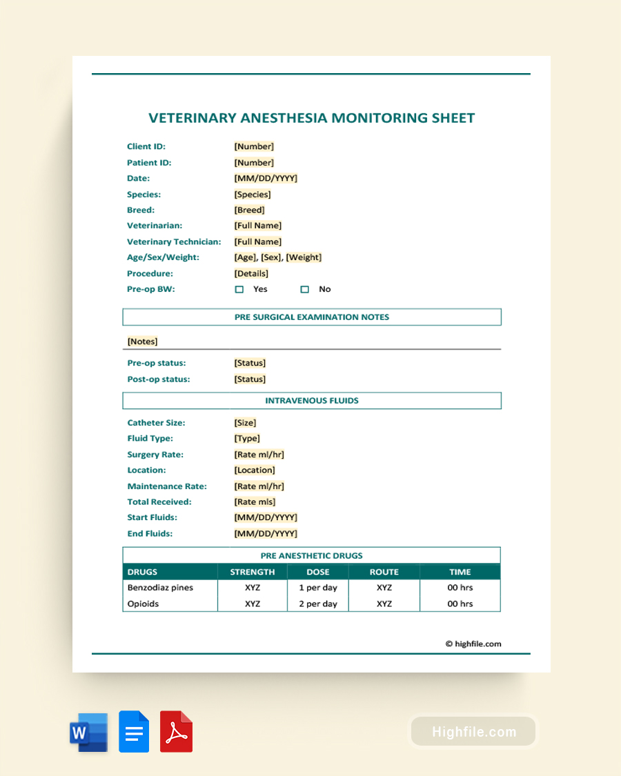 Veterinary Anesthesia Monitoring Sheet - Word, Google Docs, PDF