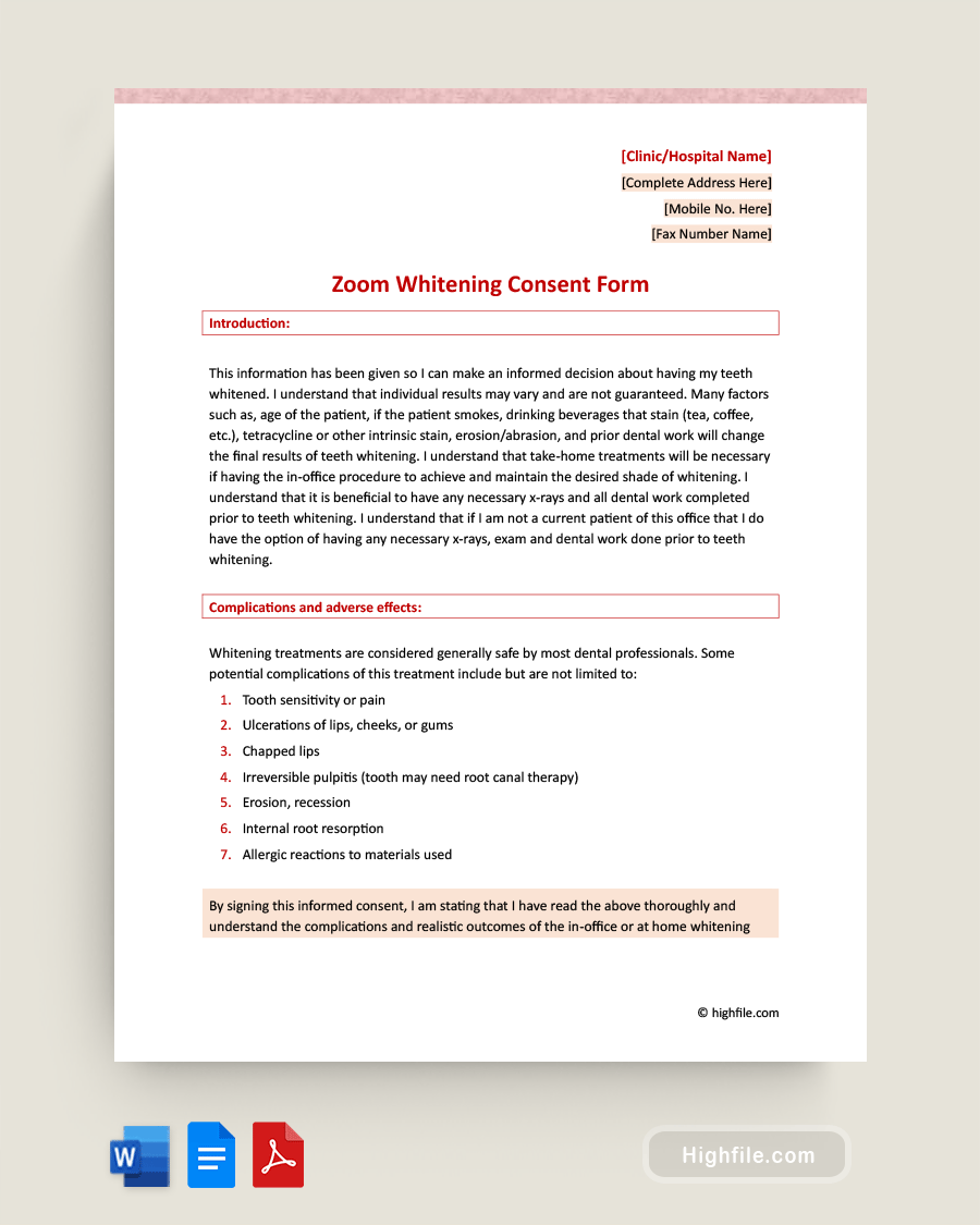 Zoom Whitening Consent Form - Word, PDF, Google Docs