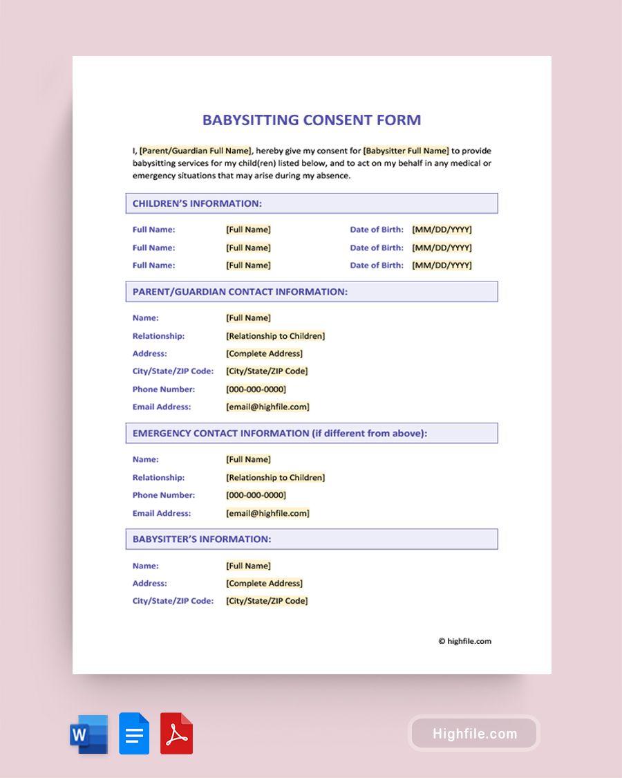 Baby Sitting Consent Form - Word, Google Docs, PDF