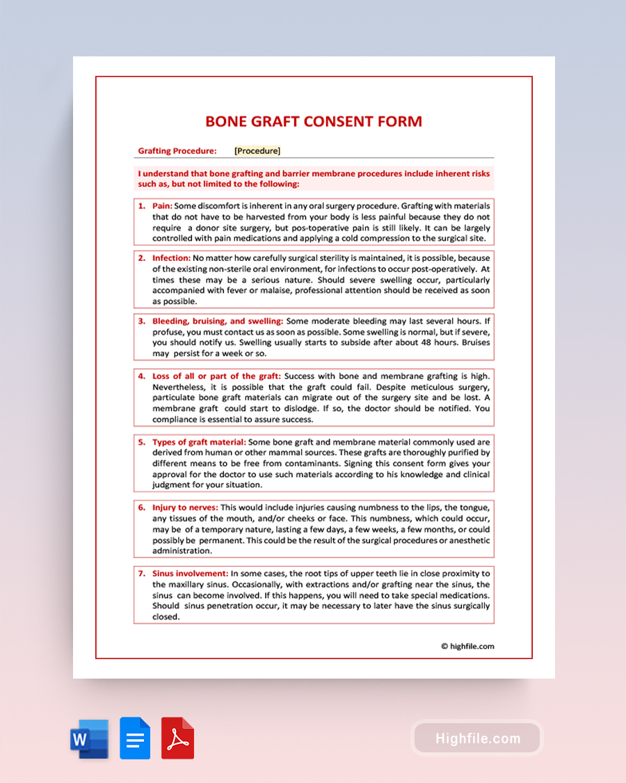 Bone Graft Consent Form - Word, Google Docs, PDF