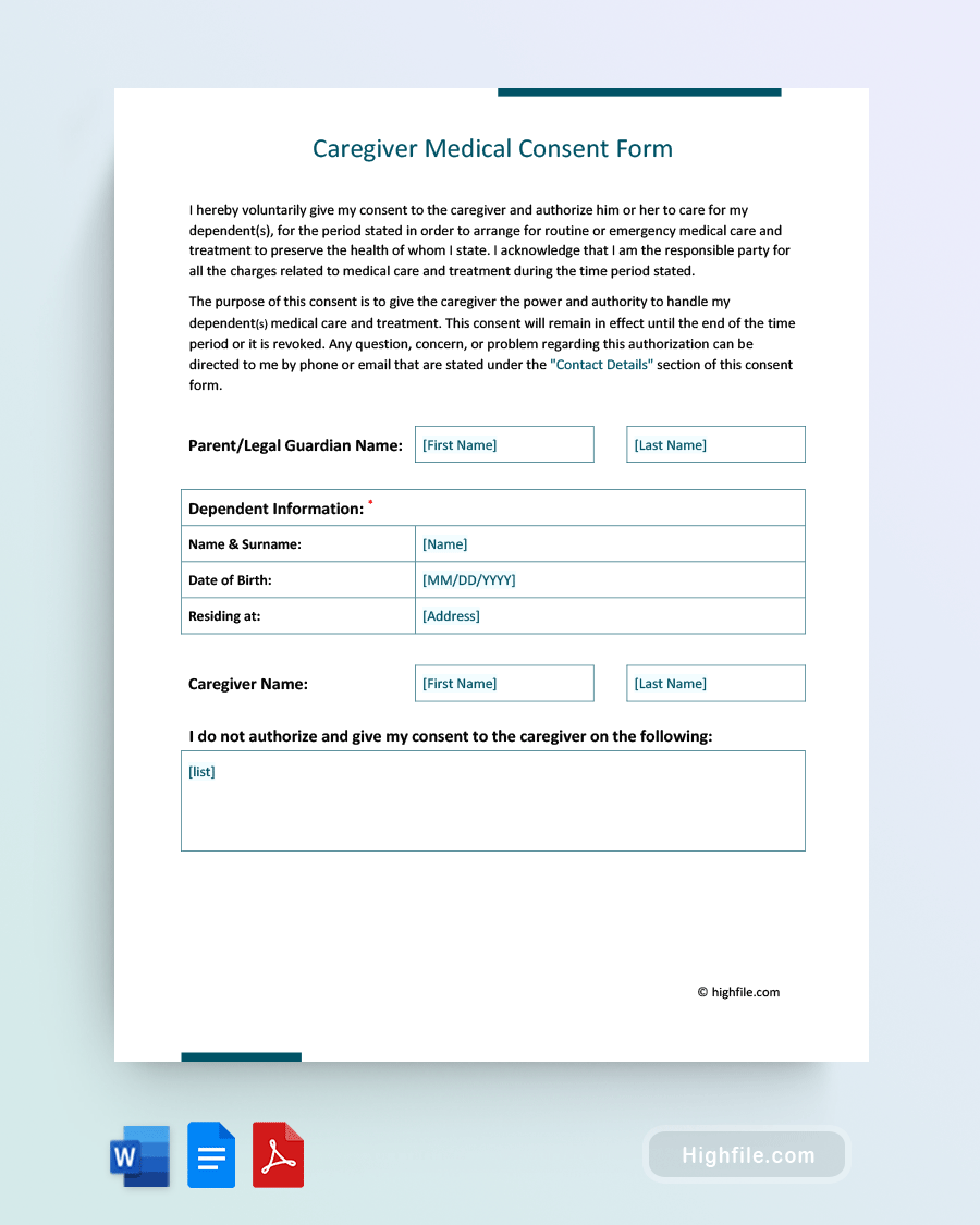 Caregiver Medical Consent Form - Word, PDF, Google Docs
