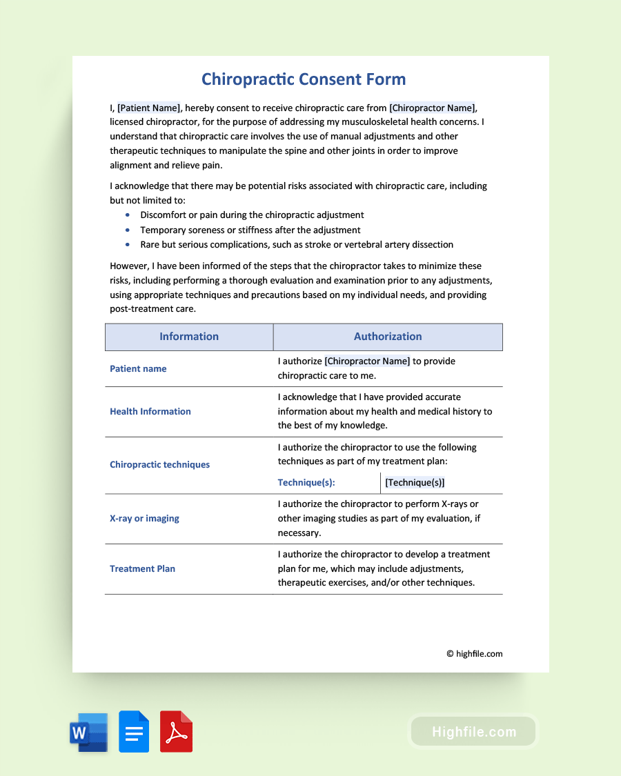 Chiropractor Consent Form - Word, PDF, Google Docs