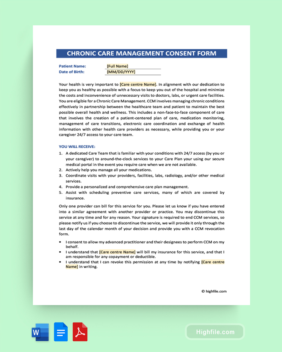 Chronic Care Management Consent Form - Word, Google Docs, PDF