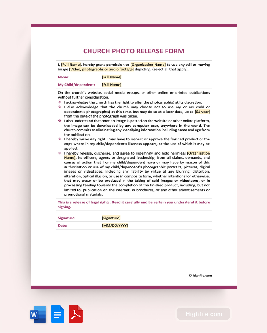 Church Photo Release Form - Word, Google Docs, PDF