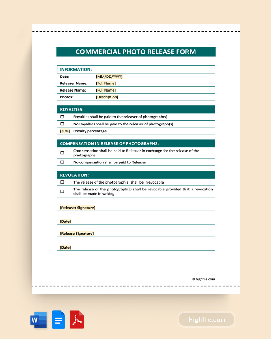 Commercial Photo Release Form - Word, Google Docs, PDF
