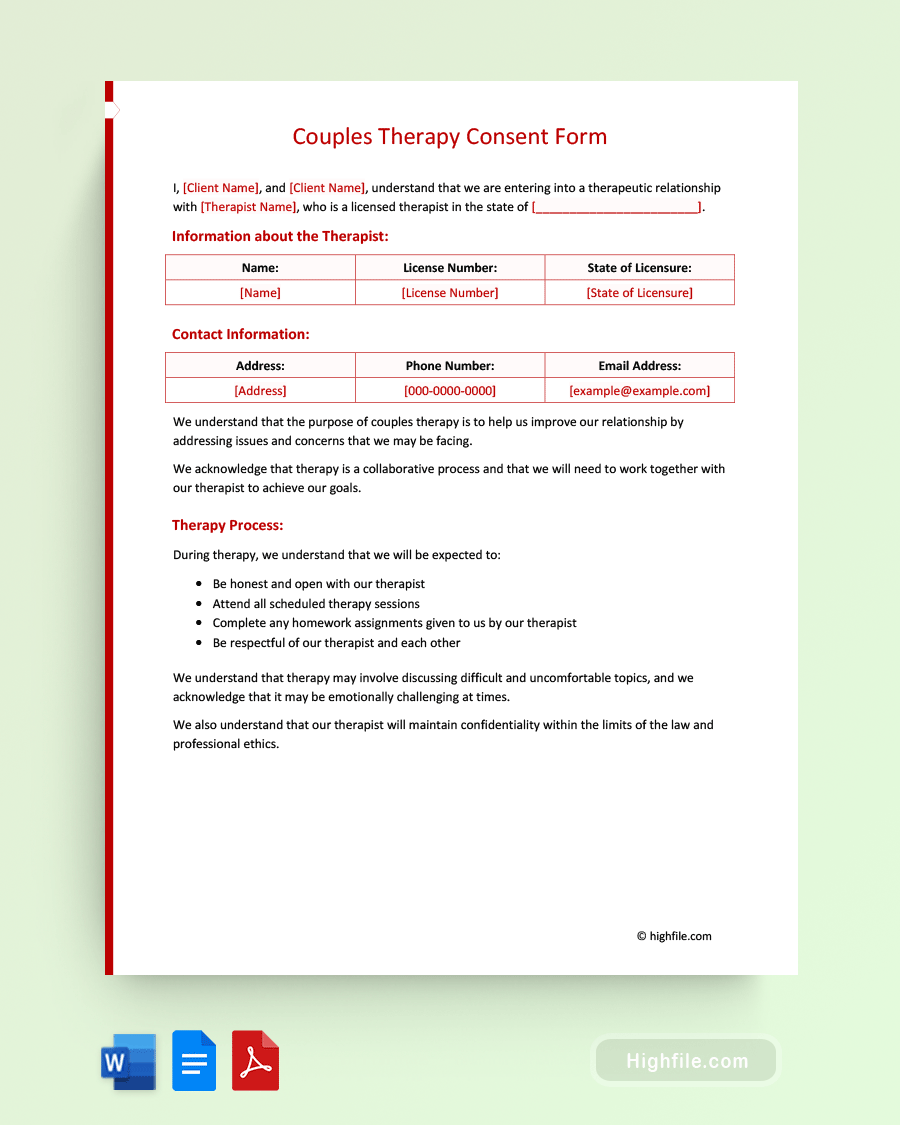 Couples Therapy Consent Form - Word, PDF, Google Docs