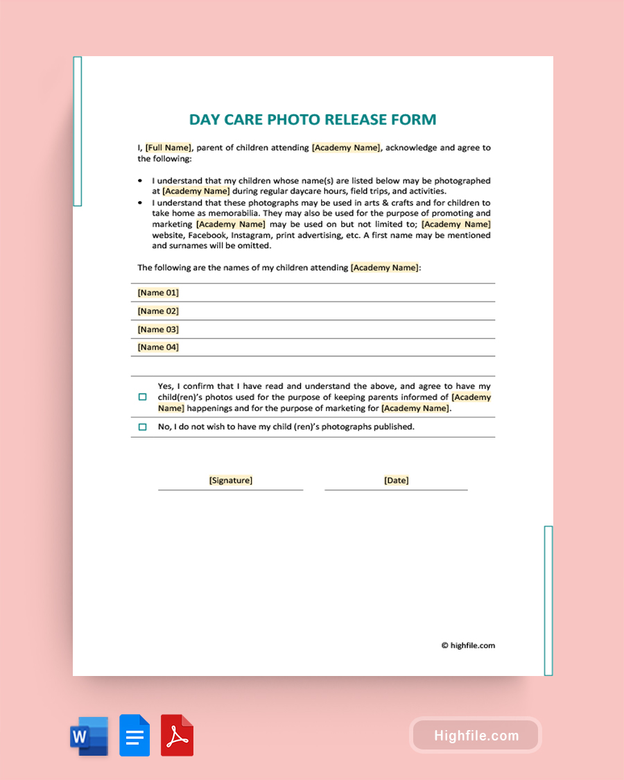 Day Care Photo Release Form - Word, Google Docs, PDF