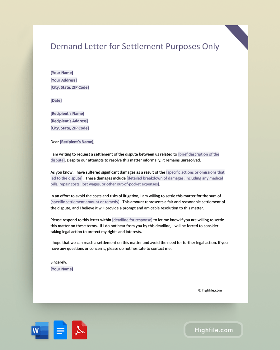 Demand Letter for Settlement Purposes Only - Word, PDF, Google Docs