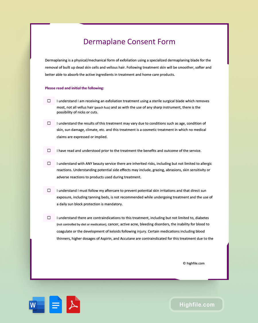 Dermaplane Consent Form - Word, PDF, Google Docs