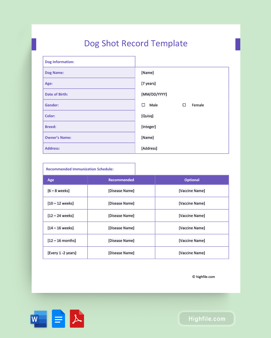 Dog Shot Record Template - Word, PDF, Google Docs