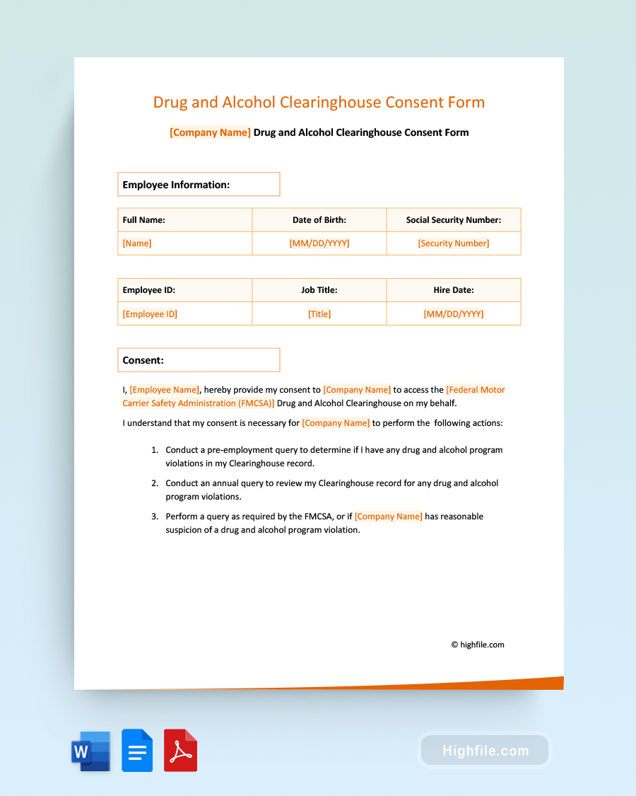 Drug And Alcohol Clearinghouse Consent Form - Word, PDF, Google Docs