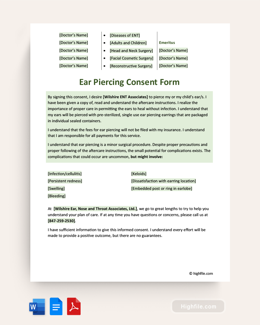 Ear Piercing Consent Form - Word, PDF, Google Docs
