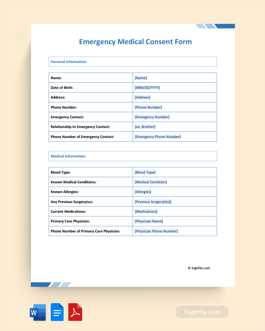 Emergency Medical Consent Form - Word, PDF, Google Docs