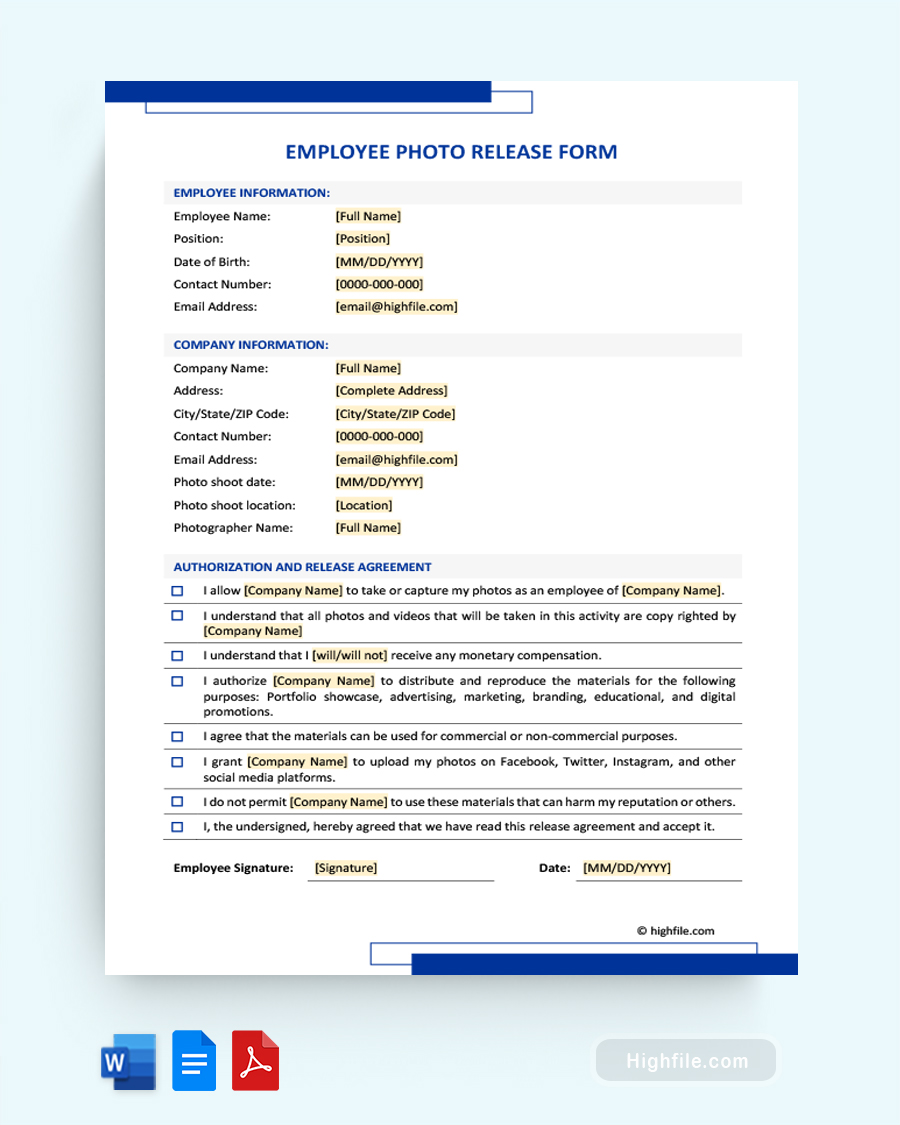 Employee Photo Release Form - Word, Google Docs, PDF
