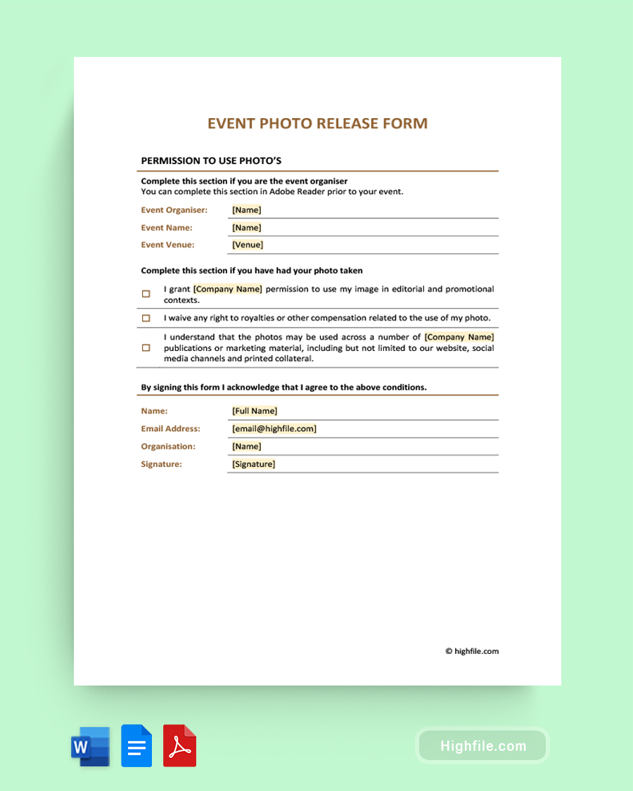 Event Photo Release Form - Word, Google Docs, PDF