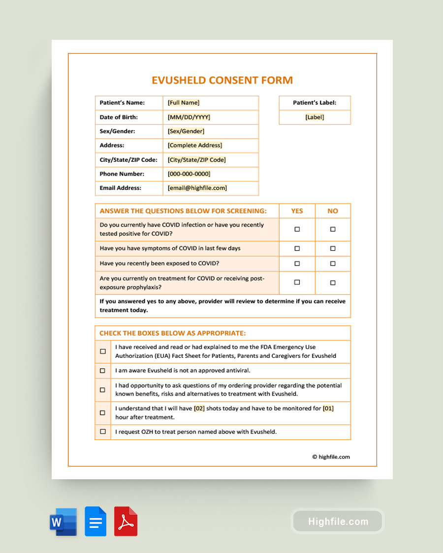 Evusheld Consent Form - Word, Google Docs, PDF