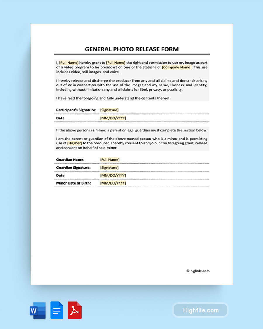 General Photo Release Form - Word, Google Docs, PDF