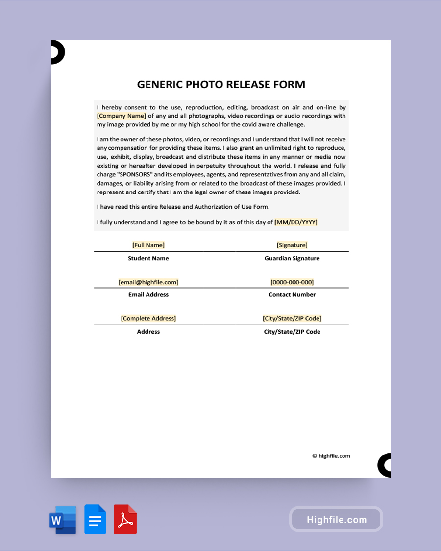 Generic Photo Release Form - Word, Google Docs, PDF