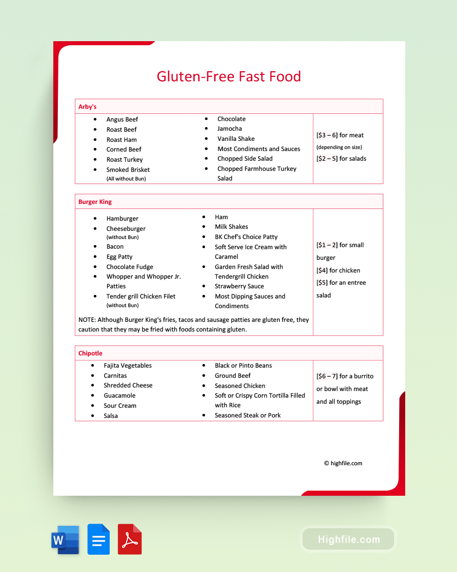 Gluten-Free Fast Food - Word, PDF, Google Docs
