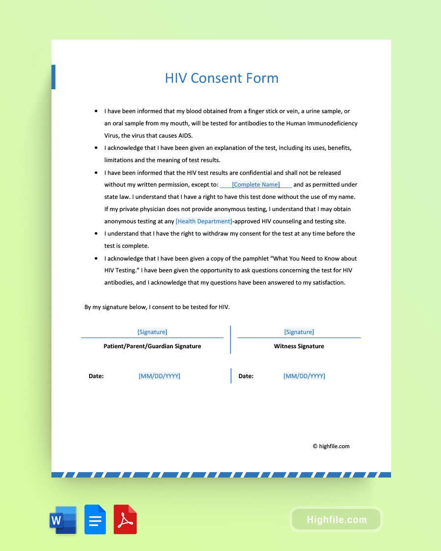 HIV Consent Form - Word, PDF, Google Docs