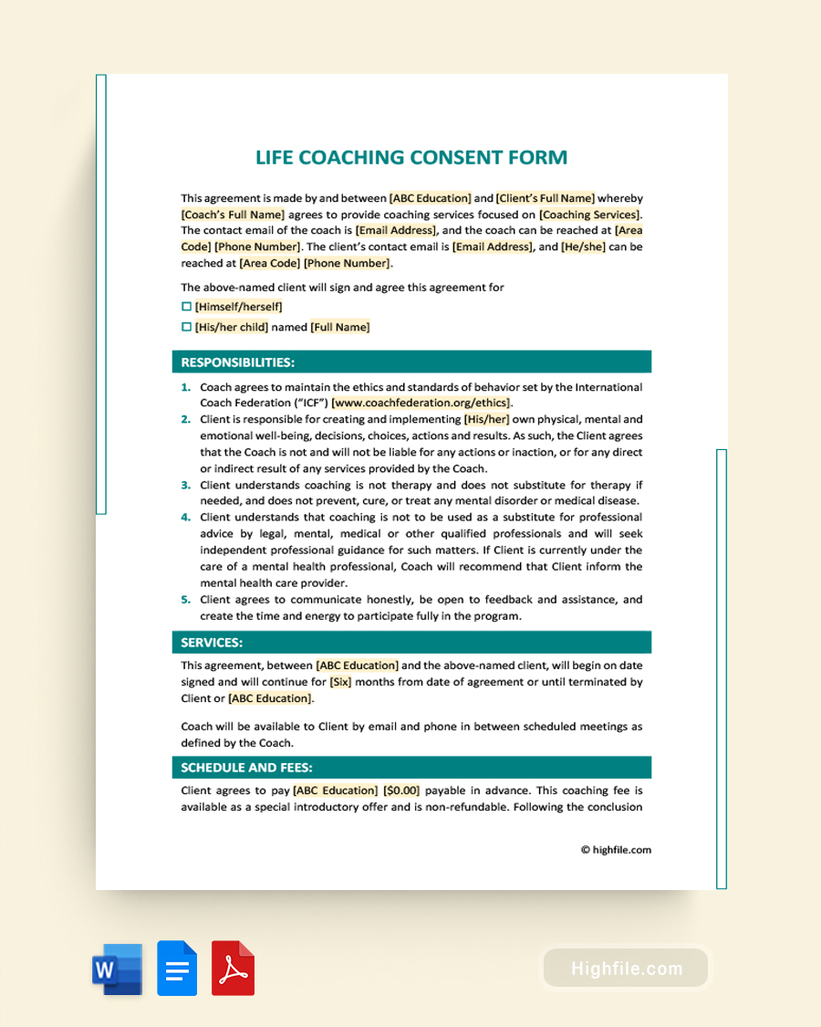 Life Coaching Consent Form - Word, Google Docs, PDF