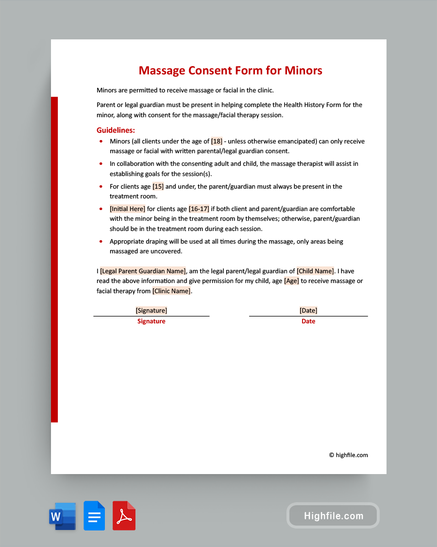 Massage Consent Form for Minors - Word, PDF, Google Docs