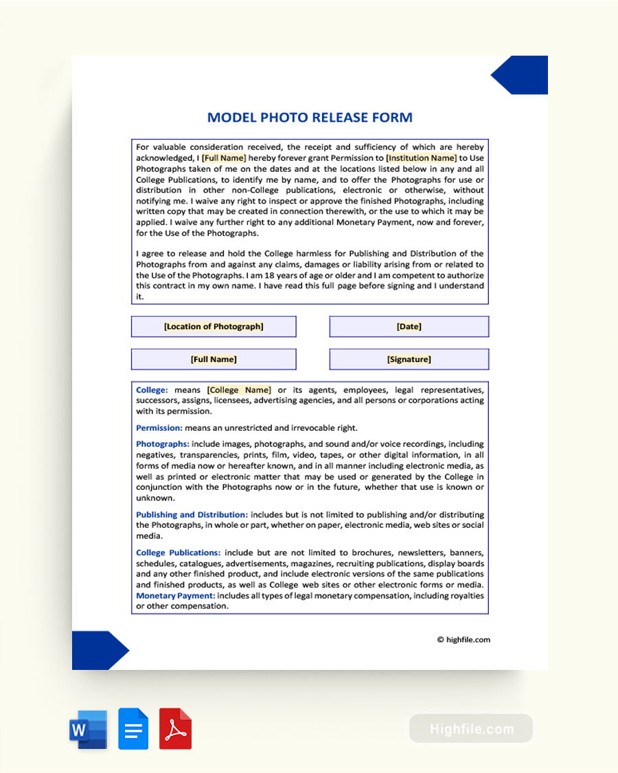 Model Photo Release Form - Word, Google Docs, PDF
