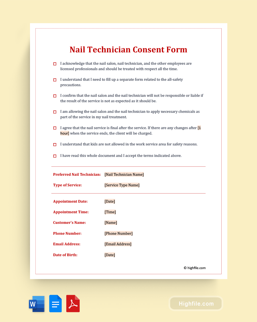 Nail Technician Consent Form Template - Word, Pdf, Google Docs