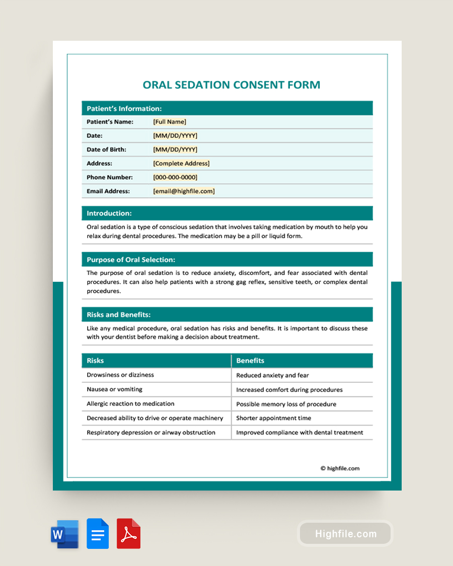 Oral Sedation Consent Form - Word, Google Docs, PDF