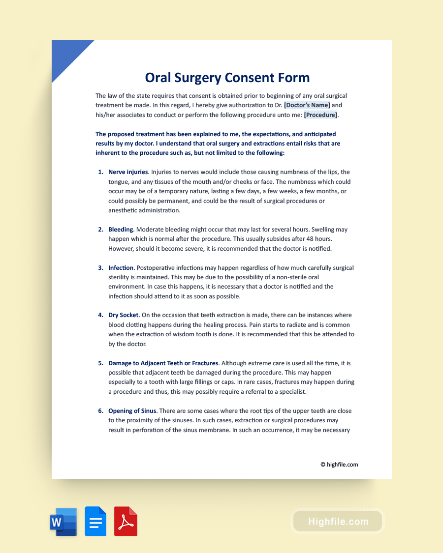Oral Surgery Consent Form - Word, Pdf, Google Docs