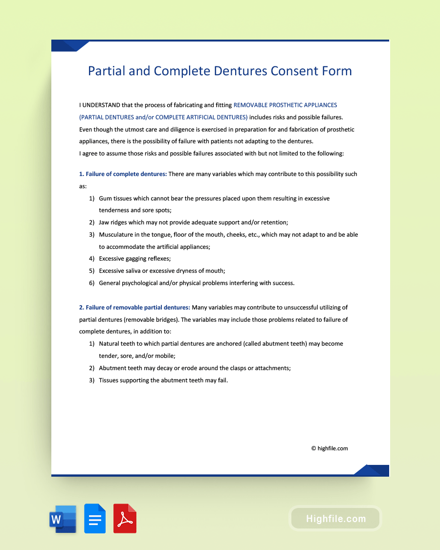 Partial and Complete Dentures Consent Form - Word, PDF, Google Docs