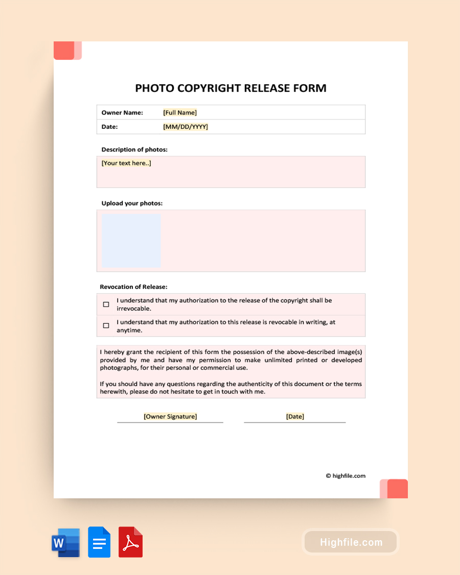 Photo Copyright Release Form - Word, Google Docs, PDF