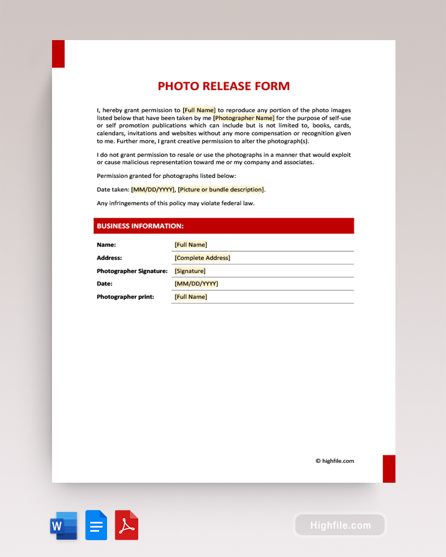 Photo Release Form - Word, Google Docs, PDF