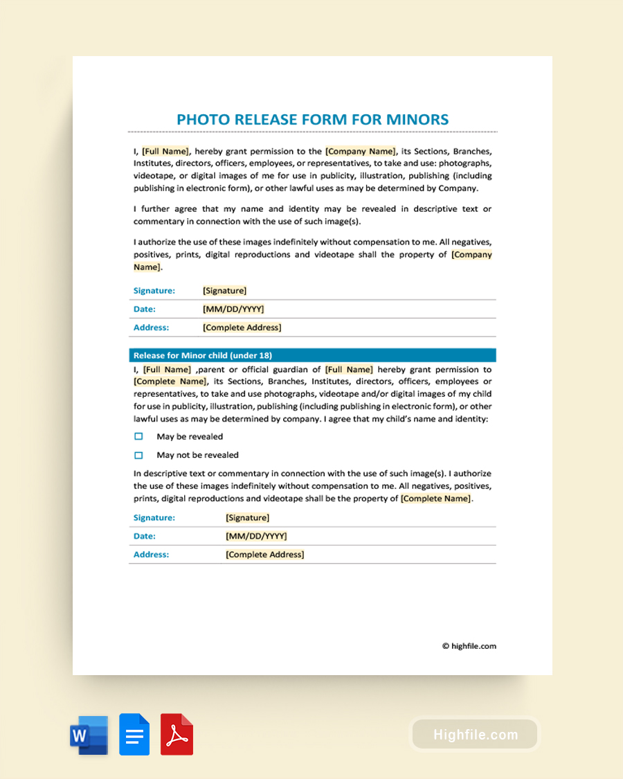 Photo Release Form for Minors - Word, Google Docs, PDF