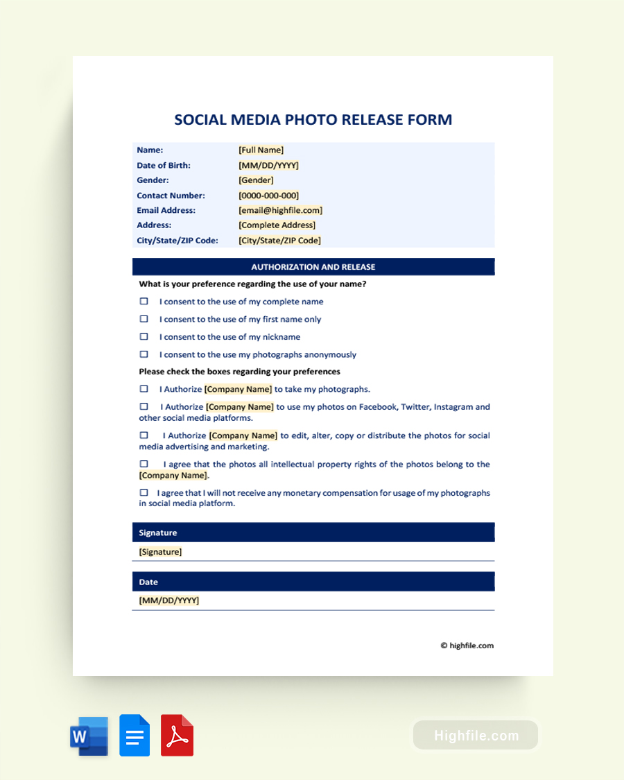 Photo Release Form for Social Media - Word, Google Docs, PDF