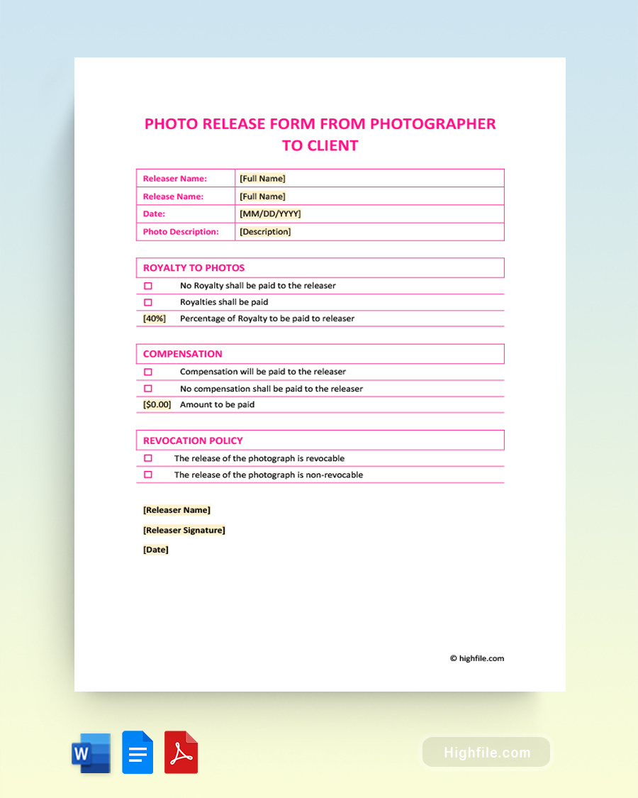 Photo Release Form from Photographer to Client - Word, Google Docs, PDF