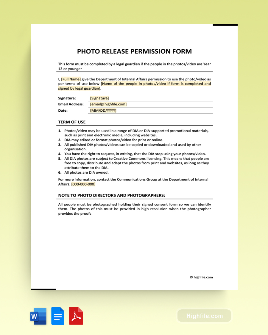 Photo Release Permission Form - Word, Google Docs, PDF