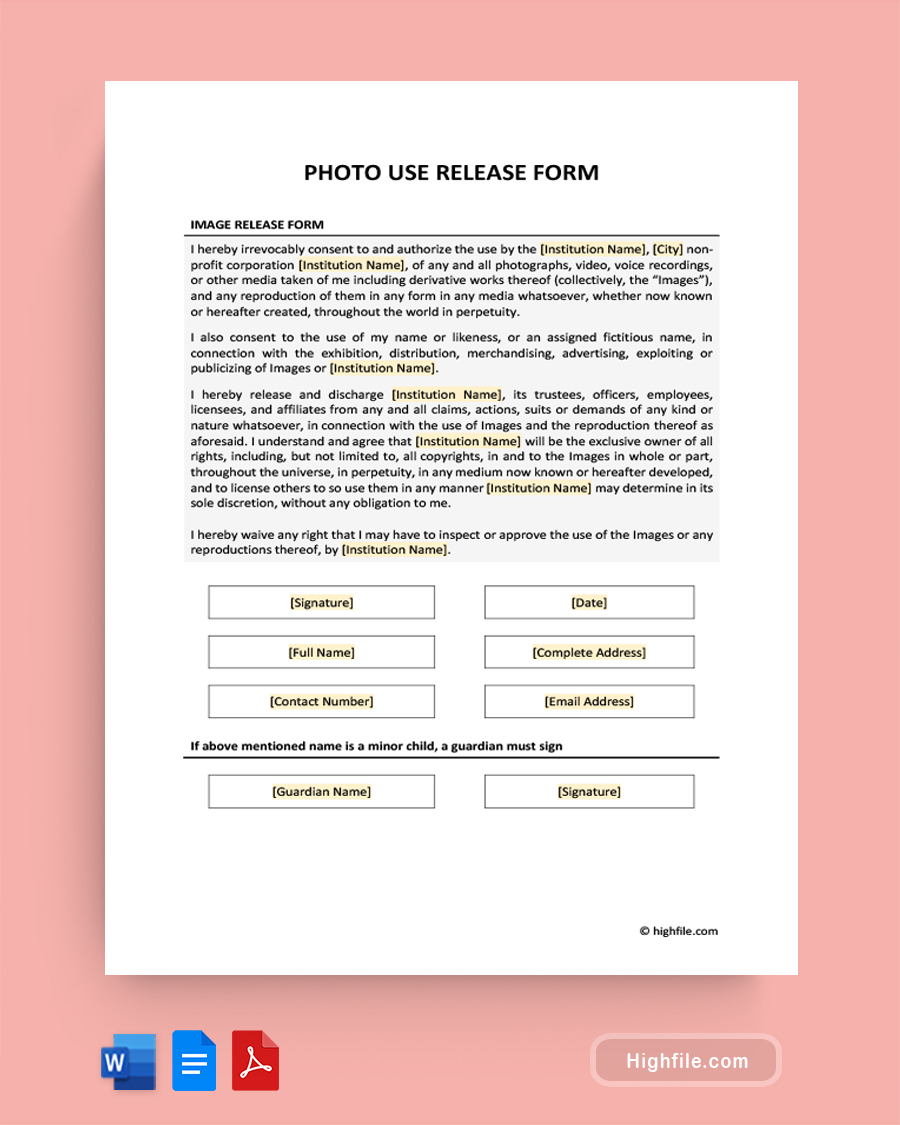 Photo Use Release Form - Word, Google Docs, PDF