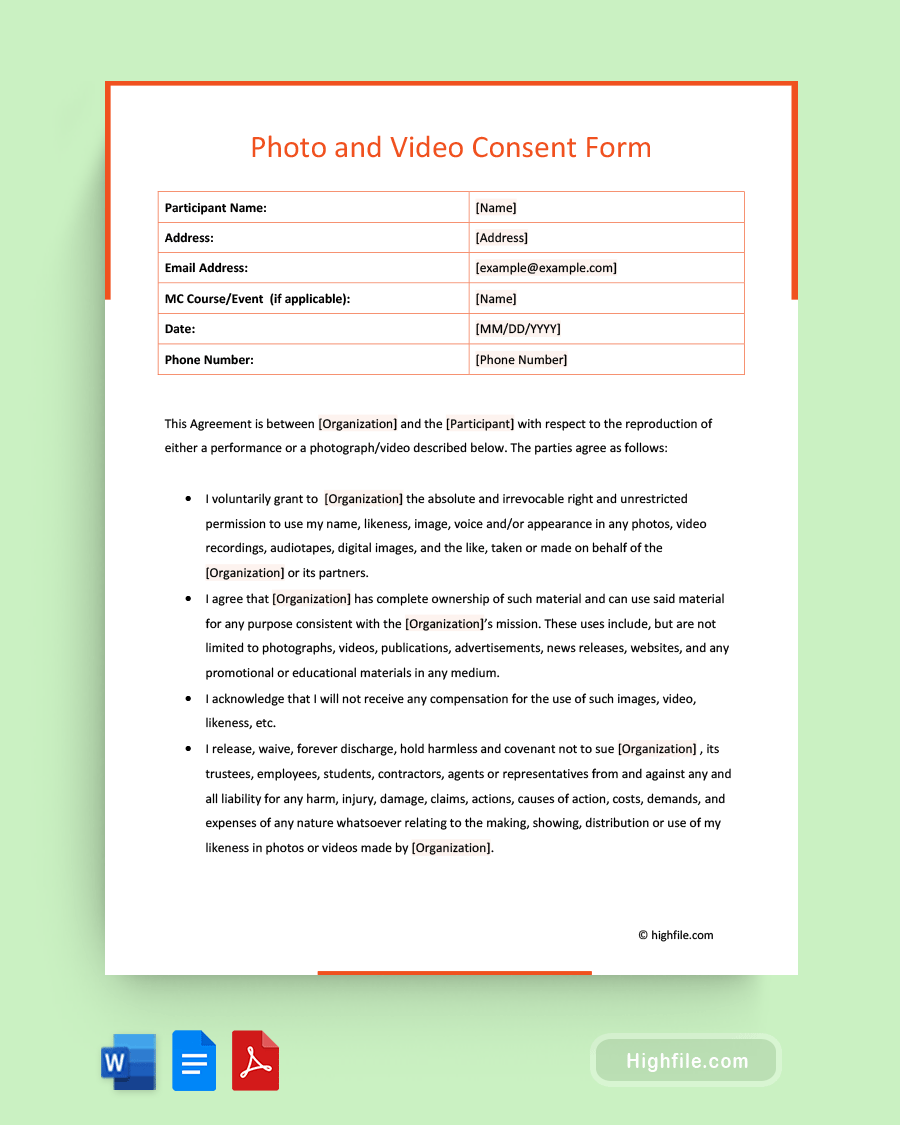 Photo and Video Consent Form - Word, PDF, Google Docs
